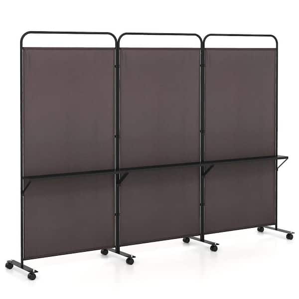 74 in. Tall Brown 3-Panel Room Divider with Storage Shelves Folding Privacy Screen on Wheels