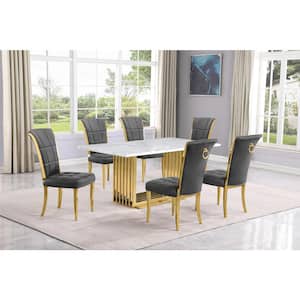 Lisa 7-Piece Rectangular White Marble Top Gold Chrome Base Dining Set with Dark Gray Velvet Chairs Seats 6.