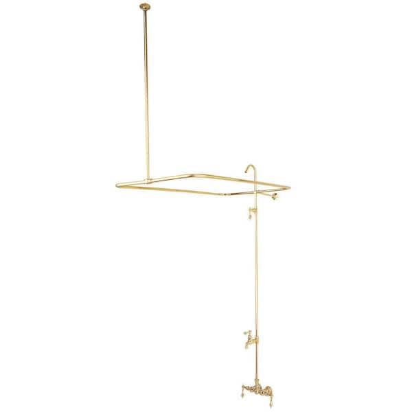 Vintage 4-Handle Wall-Mount Claw Foot Tub Faucet with Shower Enclosure and Riser in Polished Brass