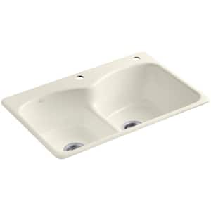 Langlade Smart Divide Drop-In Cast-Iron 33 in. 2-Hole Double Bowl Kitchen Sink in Biscuit