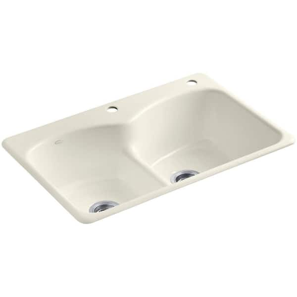 KOHLER Langlade Smart Divide Drop-In Cast-Iron 33 in. 2-Hole Double Bowl Kitchen Sink in Biscuit