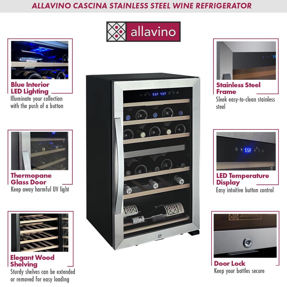 Stainless Steel Dual Zone Freestanding Wine Refrigerator, 28 Bottle