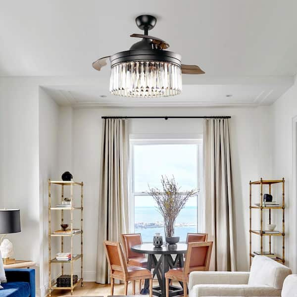 42 in. Black Crystal Retractable Ceiling Fan with Light Kit and Remote Control