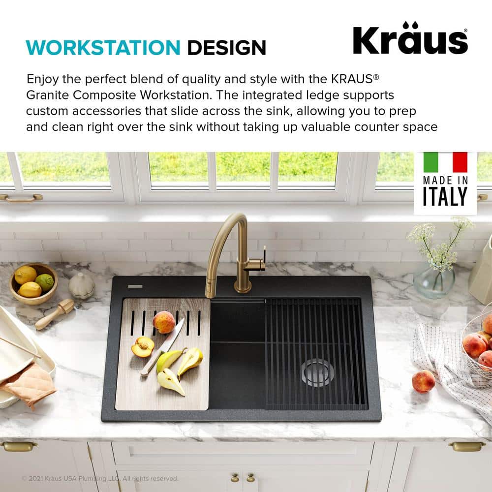 33 in. Metallic Black Granite Composite Single Bowl Kitchen Sink with Accessories