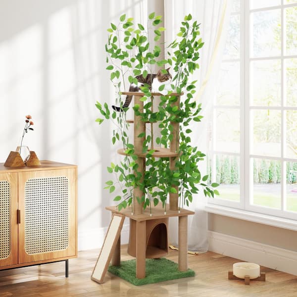 76 in. H Cat Tree Tower Condo with Scratching Posts and Green Leaves