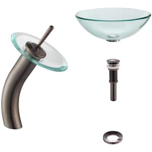 Glass Vessel Sink in Clear with Waterfall Faucet in Satin Nickel