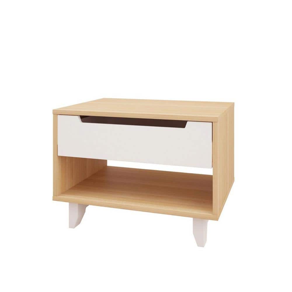 Natural Maple and White 1-Drawer Nightstand with Open Shelf