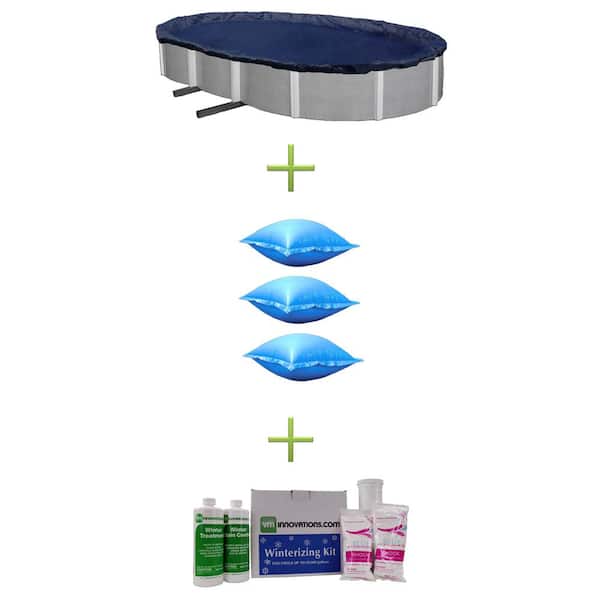 SWIMLINE 15 ft. x 30 ft. Blue Oval Above Ground Pool Cover Plus Air Pillows Plus Winterizing Kit