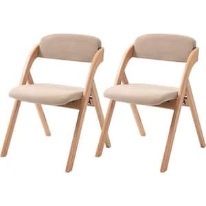 Folding Wooden Stackable Dining Chairs with Khaki Padded Seats (Set of 2)