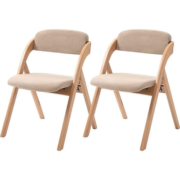 HOMEFUN Folding Wooden Stackable Dining Chairs with Khaki Padded Seats (Set of 2)
