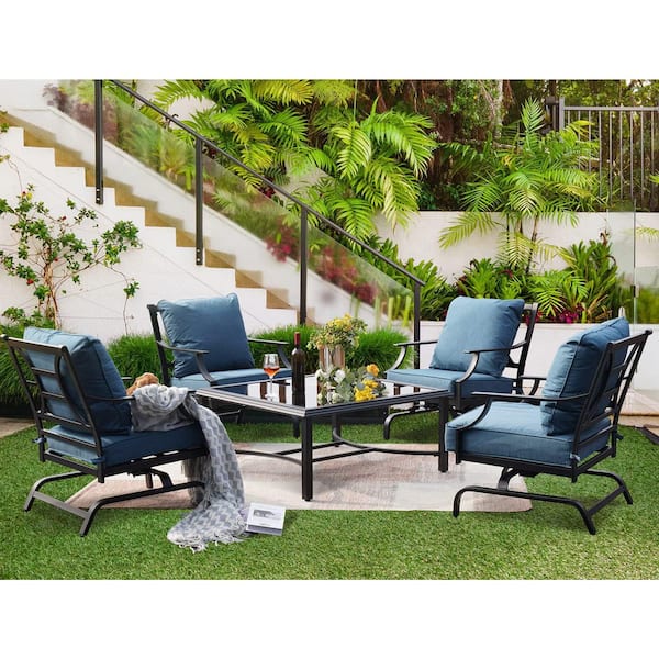 Metal Outdoor Rocking Chair with Olefin Peacock Blue Cushions for Porch Backyard-2 Pack