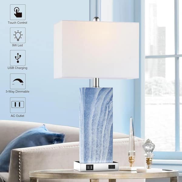 25 in. Blue Touch Control Table Lamps (Set of 2), Bedside Lamp/2-USB Ports 1-AC Outlet, 3-Way Dimmable Nightstand Lamp