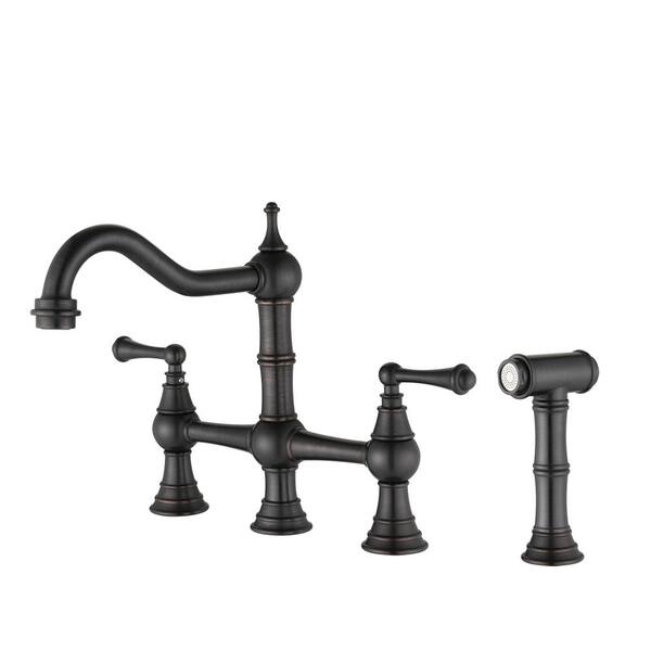 WELLFOR Double Handles Gooseneck Bridge Kitchen Faucet in Matte Black