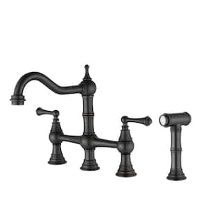 Double Handles Gooseneck Bridge Kitchen Faucet in Matte Black with Pull-Out Spray Wand and 27 in. Flexible Hose