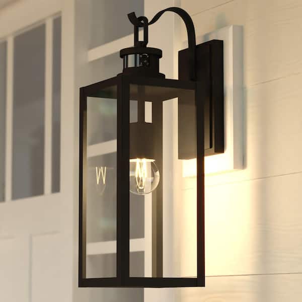 Clinton 18.25 in. H Matte Black Motion Sensing Dusk to Dawn Outdoor Wall Sconce Light, Clear Glass Shade