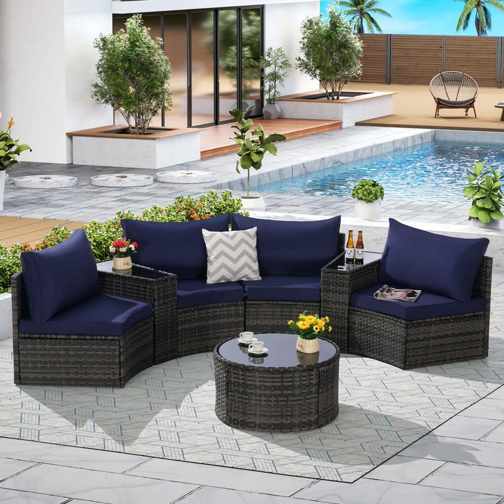 7-Piece Gray Wicker Outdoor Half-Moon Sectional Set with Dark Blue Cushions Tempered Glass Round Coffee Table price history on PriceWatchPro