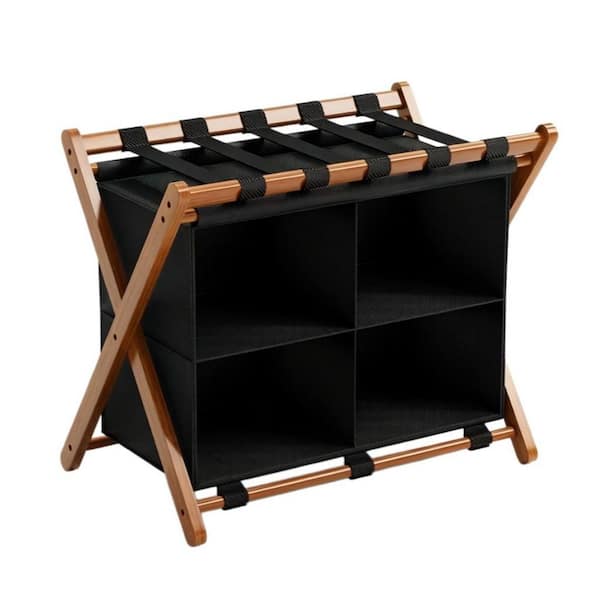 Walnut Foldable Bamboo Luggage Rack with 4 Storage Compartments, Suitcase Stand for Guest Room, 150 lb. Capacity