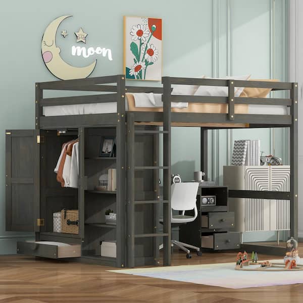 Nestfair Gray Full Size Loft Bed with Built-in Wardrobe, Desk, Shelves and Drawers
