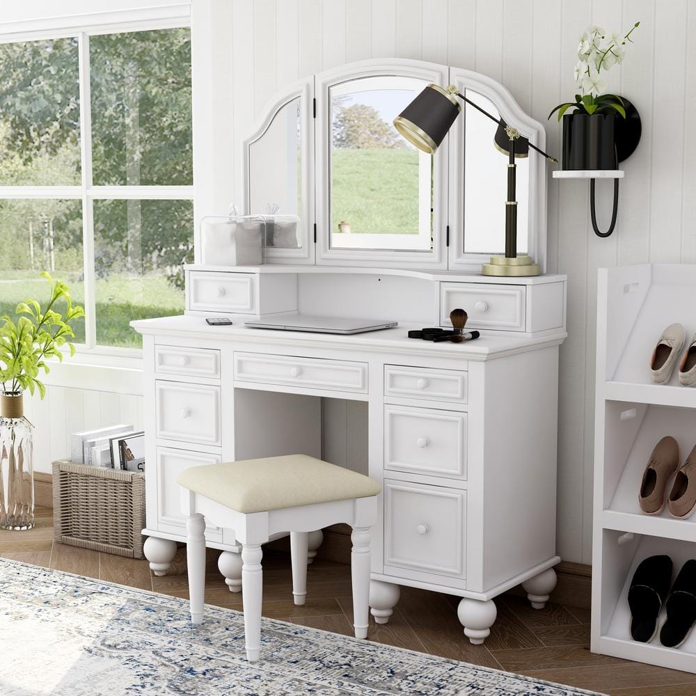 Furniture of America Zulpo 2-Piece White Tri-Panel Mirror Vanity Set ...