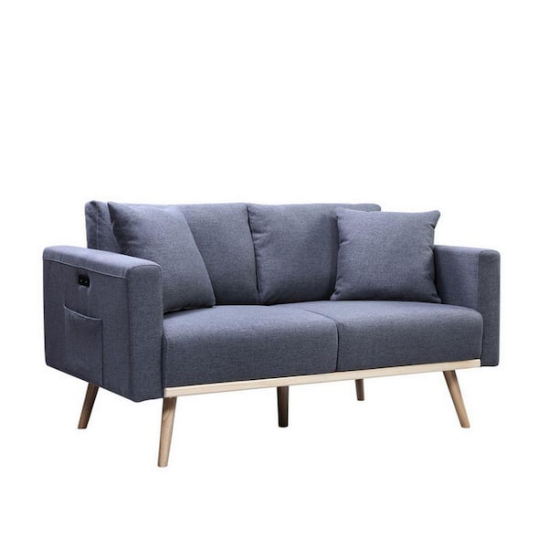 Benjara 56.5 in. Gray and Brown Solid Linen 2-Seater Loveseat with USB Ports and Side Pocket