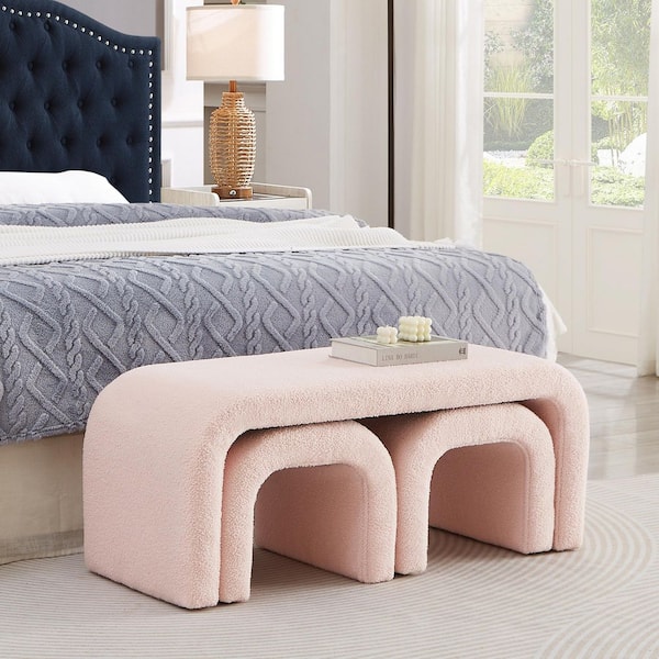 Unbranded Pink Set of U-Shaped Teddy Ottoman Bench Small Sofa  Footrest Extra Seating Bench and Ottoman Vanity Stools P282494-XS2186
