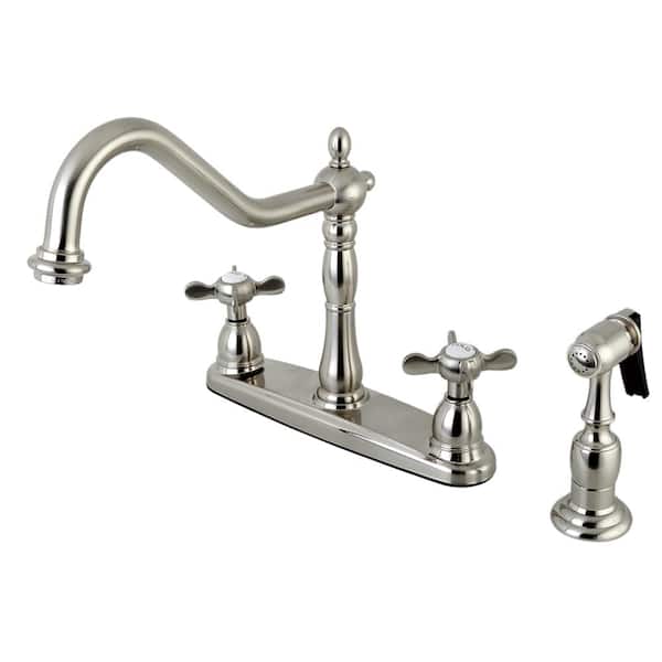 Kingston Brass Victorian English Cross 2-Handle Standard Kitchen Faucet with Side Sprayer in Brushed Nickel
