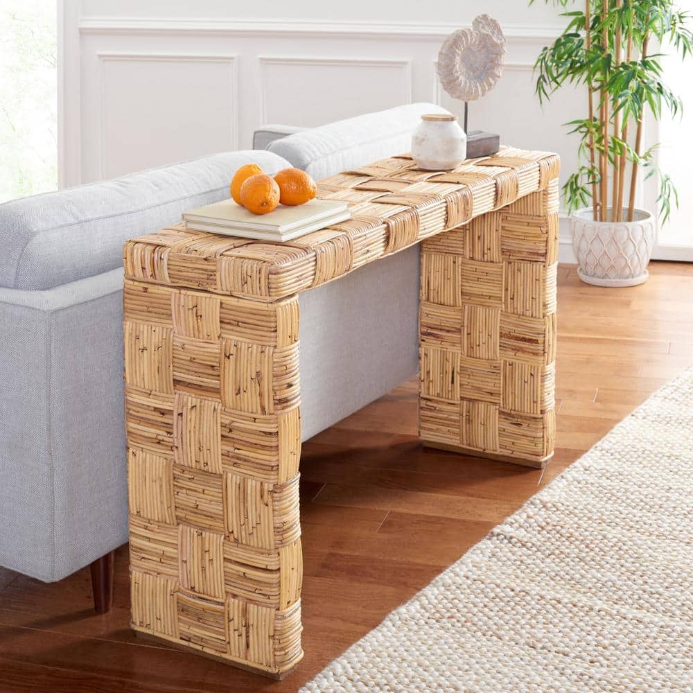 Honey Natural Rattan Console Table with Storage