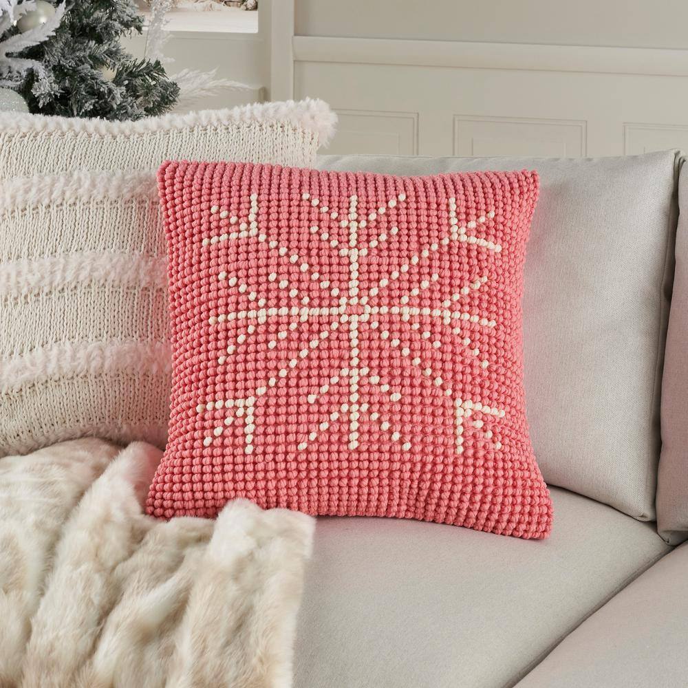 Pink Ivory Cotton Snowflake 20" x 20" Handcrafted Throw Pillow