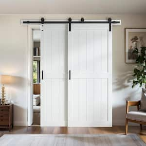 68 in. x 84 in. Double 34 in. Bypass 2-Panel Plank White MDF Interior Sliding Barn Door with Hardware Kit