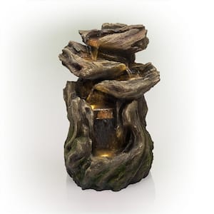 22 in. Tall Outdoor Four-Tier Rainforest Log Waterfall Fountain with LED Lights