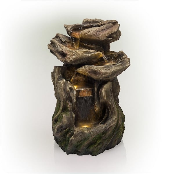 Alpine Corporation 22 in. Tall Outdoor Four-Tier Rainforest Log Waterfall Fountain with LED Lights
