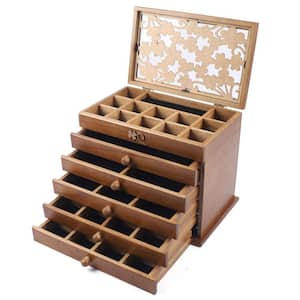 6-Layer Wood Vintage Style Jewellery Box with Four-leaf Carved Lid