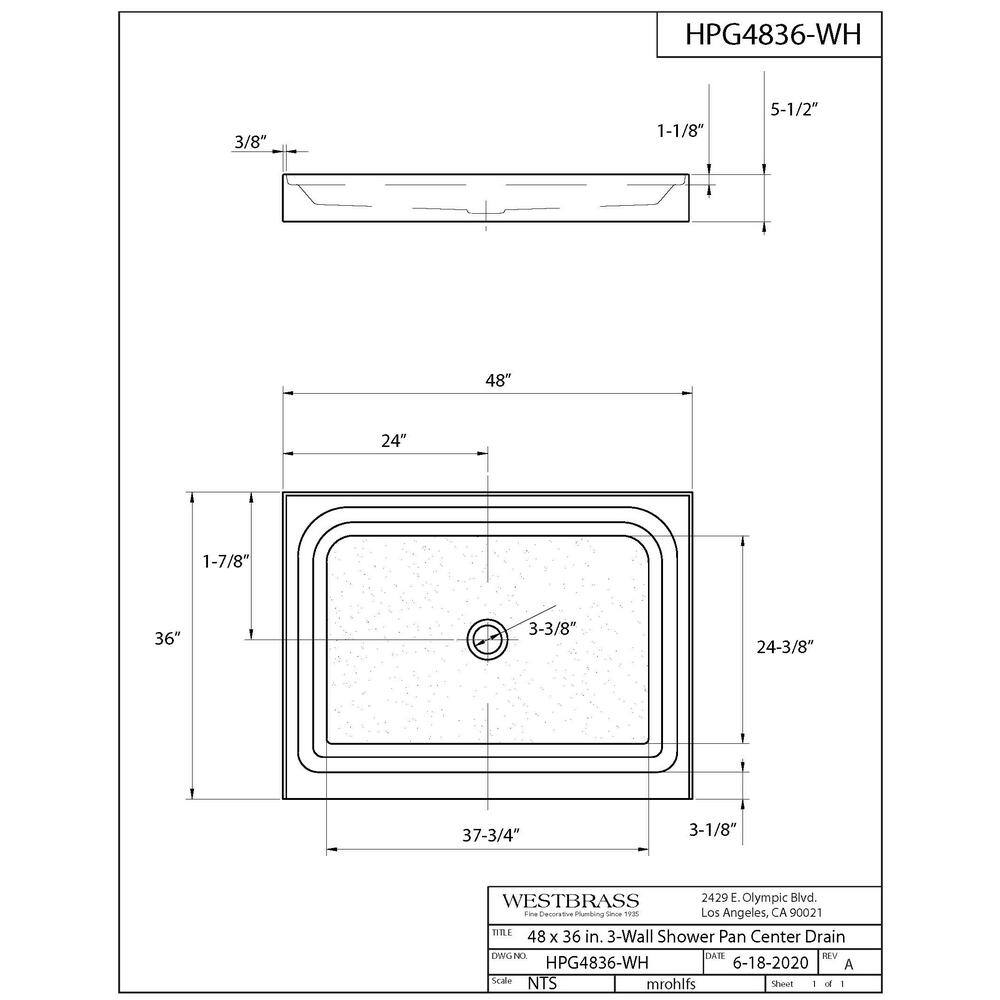 48'' White Acrylic Rectangular Single Shower Base