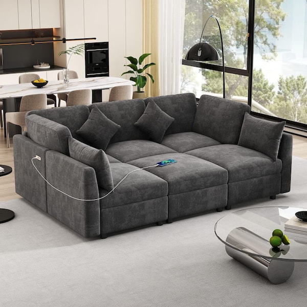 Leslie 86.6 in. Chenille Upholstered Modular Sectional Sofa in. Black with Movable Ottoman, USB Ports