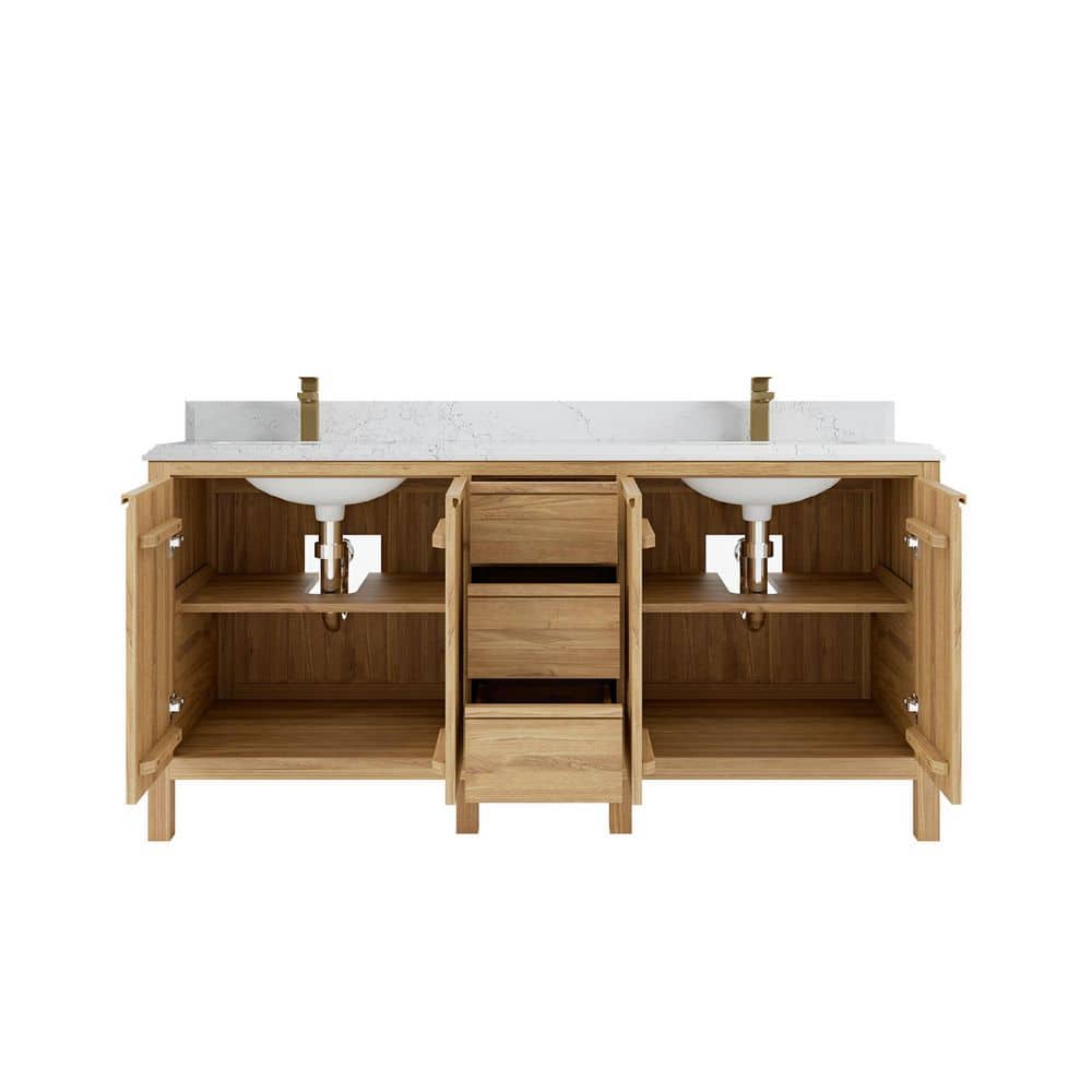 72'' Light Natural Teak Double Sink Bathroom Vanity with Quartz Top