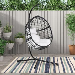 Black 78 in. Wicker Outdoor Basket Swing Chair with Stand and White Cushion