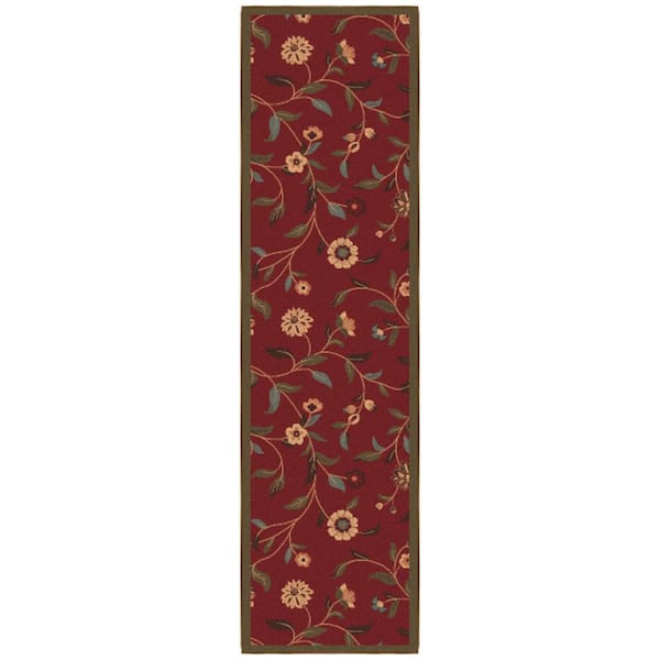 Ottohome Collection Non-Slip Rubberback Floral Leaves 2x7 Indoor Runner Rug, 1 ft. 10 in. x 7 ft., Dark Red