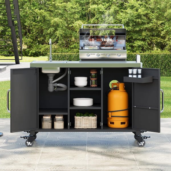 Classic Black Stainless Steel 55.5 in. Kitchen Island Outdoor Metal Frame Lockable Wheels Grill Cart with  Sink Station