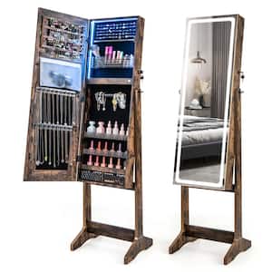 Rustic Brown Wood LED Mirror Jewelry Cabinet Organizer 16 in. Jewelry Armoire Standing with Built-in 3 Color Light