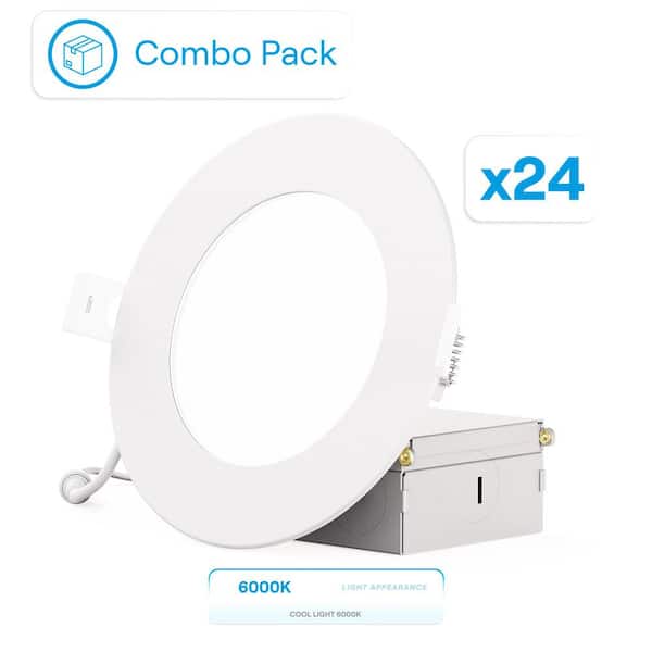 4 in. Canless 6000K Clear White 9W 750 LM Thin New Construction Integrated LED Recessed Light Kit, Wet Rated (24 Pack)