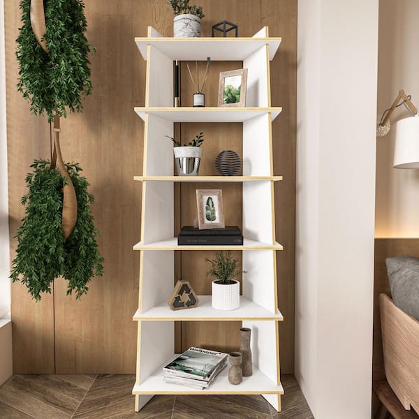 Polifurniture EcoFriendly Jade 70 in. Tall White and Light Walnut Wood 6-Shelf Standard Bookcase