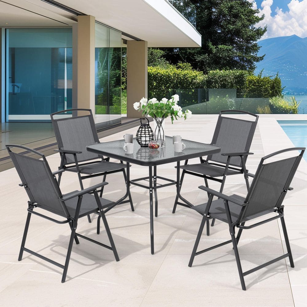 5-Piece Patio Dining Set with Square Glass Dining Table and Folding Patio Chairs in Gray