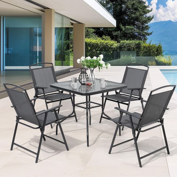 5-Piece Patio Dining Set with Square Glass Dining Table and Folding Patio Chairs in Gray