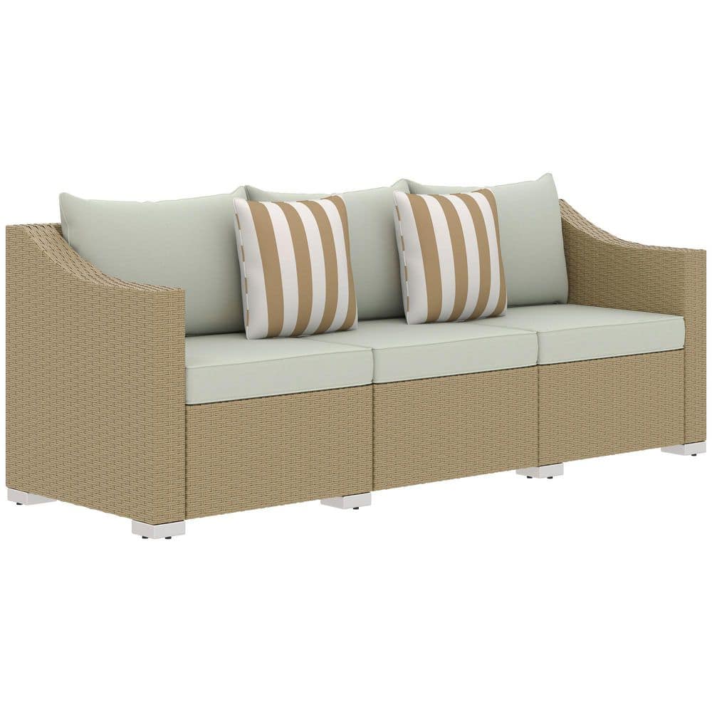 Natural Tone Wicker Outdoor Couch with Light Gray Cushions