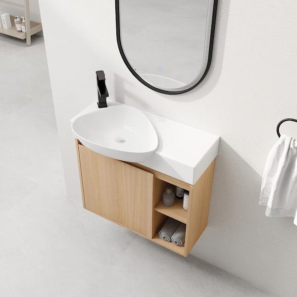 25.38 in. Floating Single Sink White Oak Bath Vanity with White Ceramic Top