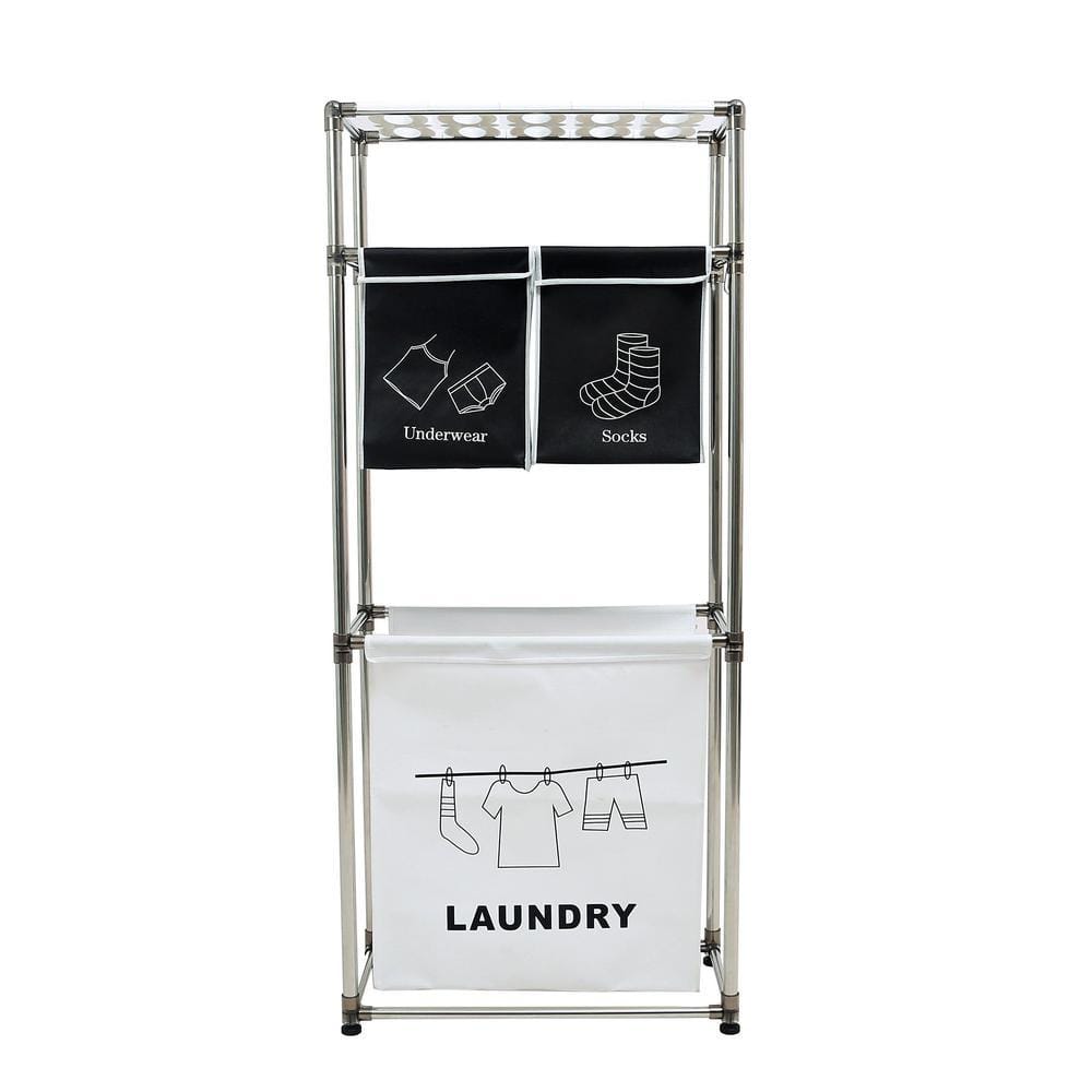 Miscool Any Black/White Fabric and Aluminum Laundry Hamper Basket, 3-Tier with Removable 4-Bag Laundry Sorter with Top Shelf