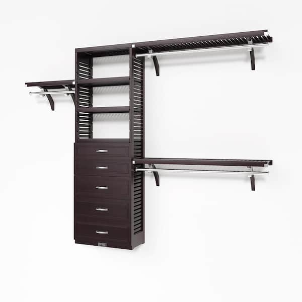 72 in. W - 120 in. W Espresso Reach in with 5 Drawers 12 in. Shelf Wood Closet System