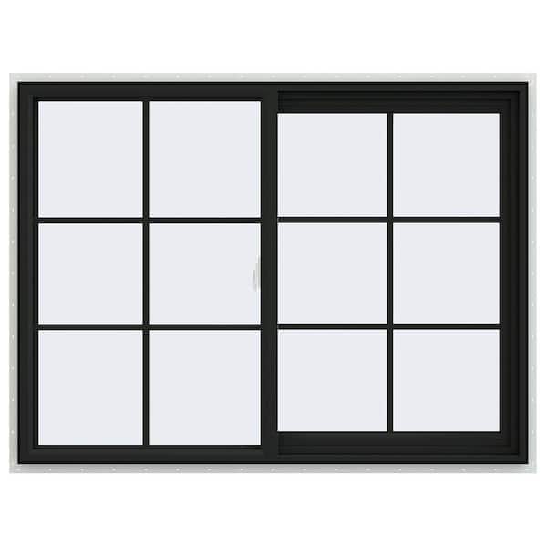 48 in. x 36 in. V-2500 Series Bronze Exterior/White Interior FiniShield Vinyl Right-Handed Sliding Window Colonial Grids