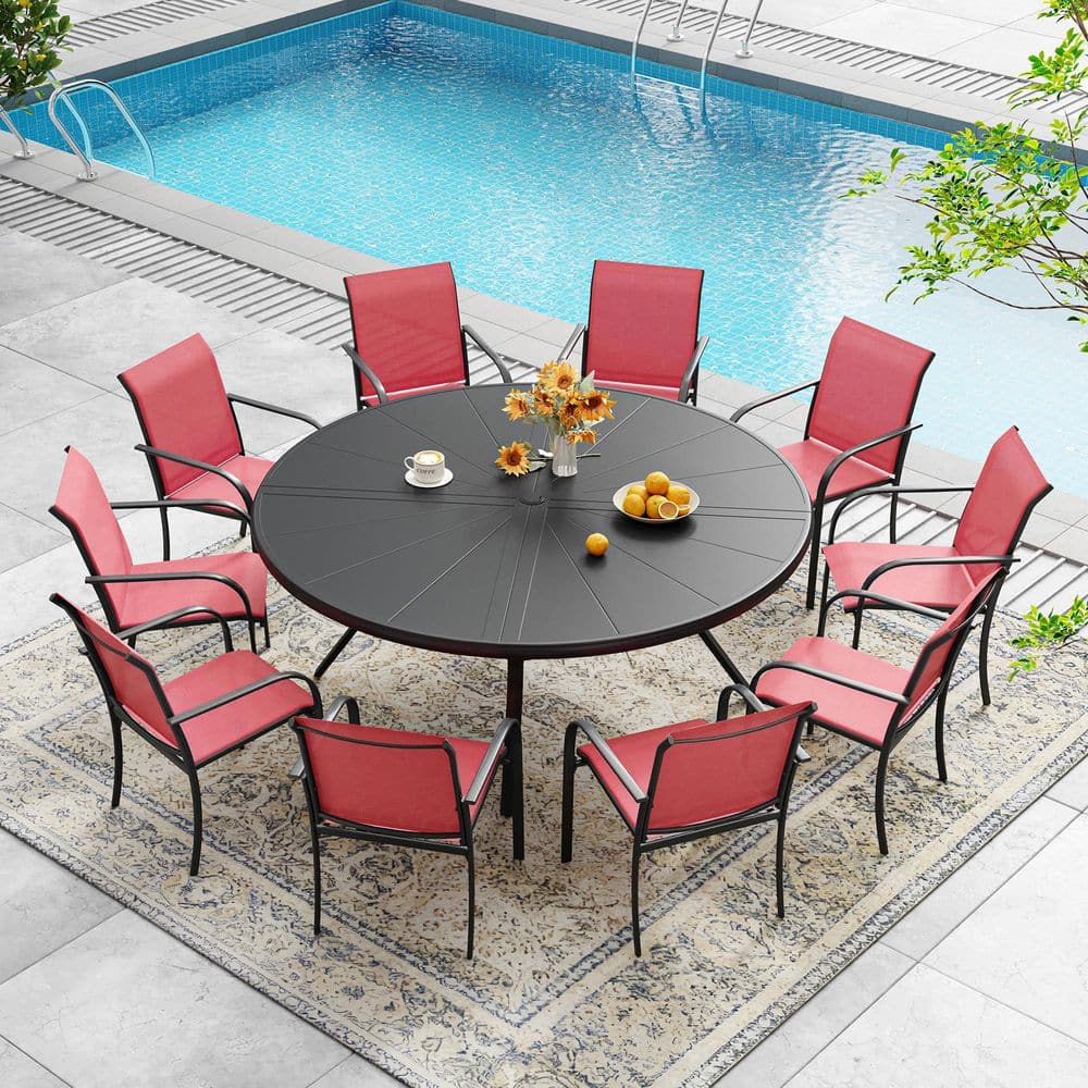 11-Piece Patio Dining Set with 59.8 in. Black Aluminum Round Table and 10-Red Stackable Dining Chairs for Outdoor Use