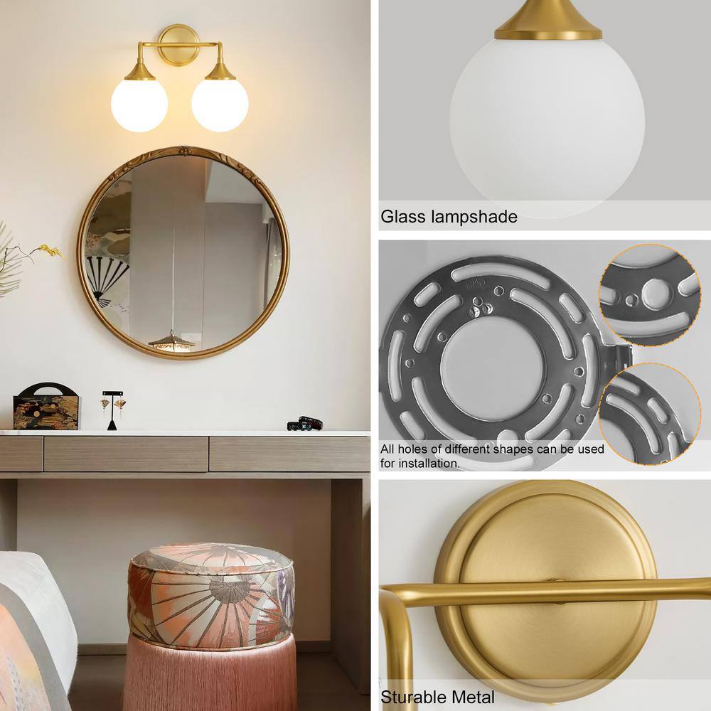 14.17" Gold Vanity Light with White Glass Globe Shades